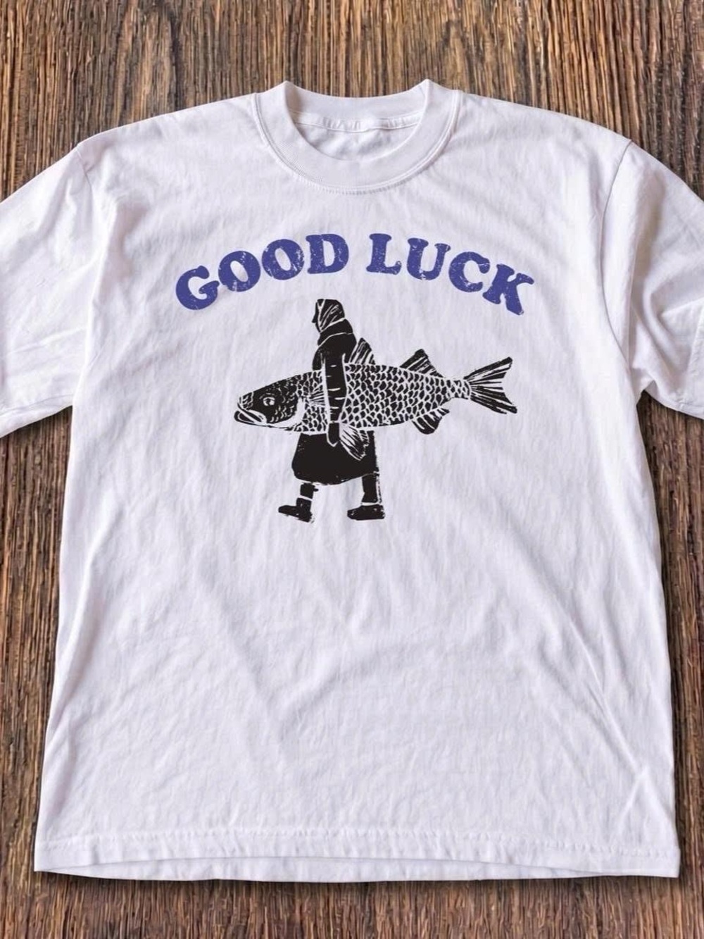 Gildan White T-Shirt with Blue "GOOD LUCK" and Black Fish Graphic